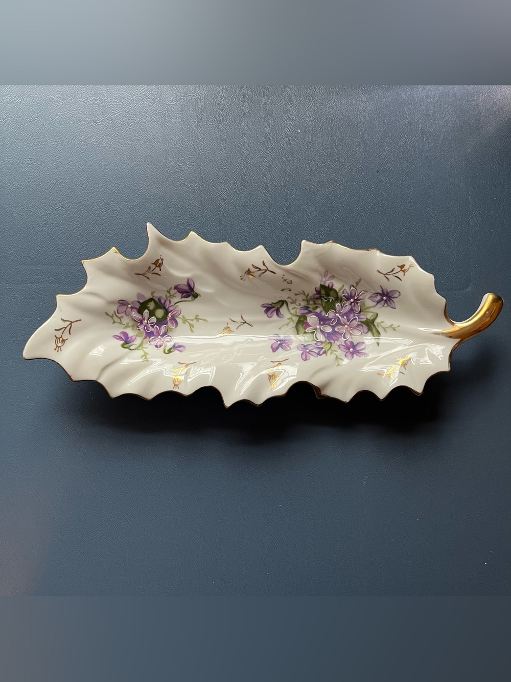 Vintage Porcelain Leaf Shaped Scalloped Edge Floral Trinket Dish
